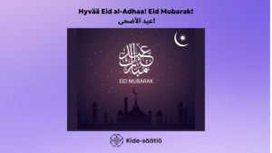 Kuvassa teksti: Hyvää Eid al-Ashaa! Eid Mubarak! Myös arabiaksi eid mubarak.