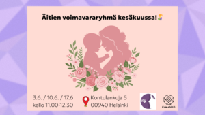 Kuvassa teksti: äitien voimavararyhmä kesäkuussa. Alhaalla INY ry:n ja Kide-säätiön logot, ryhmän kokoontumisaika ja paikka.